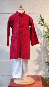Kids Rayon Chikankari Kurta Set Maroon - Picture 1 of 3
