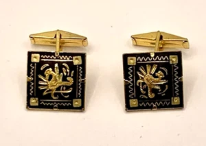Gemelos Vintage Damasceno Dorado y Negro Cuadrado Espalda Bala Años 50 Hechos a Mano Japón - Imagen 1 de 9