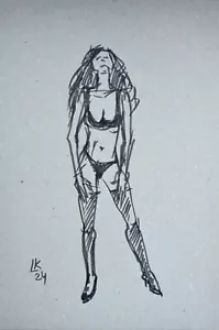 Frau in Dessous Tuschezeichnung - Figur Skizze, kühne Linienkunst - Bild 1 von 3