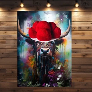 Hochland Rindvieh "Herbert" Streetart Leinwand 80x60 cm Bollenhut Graffiti - Bild 1 von 6