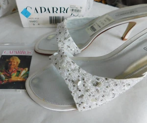 Caparros White Silk Hand Beaded Sequined Open Slip On Mule Sandal Shoes Sz 9 - Picture 1 of 15