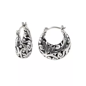 Pendientes de aro de clip francés grueso filigrana en forma de bolsa de plata esterlina Bali A4098 - Imagen 1 de 9