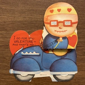 Vintage 1940s Valentines Day Greeting Card Boy Driving Car w/ Balloons USA P1B - Picture 1 of 12