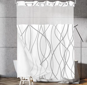 No Hooks Snap in Liner Abstract Curve Lines White Grey Shower Curtain, Hotel Lux - Picture 1 of 7