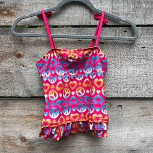 Kid's Multicolor Peace Heart Allover Print Sleeveless Swimwear Size 10/12 - Picture 1 of 5