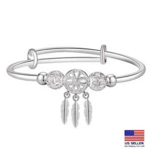 Women Sterling Silver Filled Bracelets Cuff Dreamcatcher Leaf Ball Tassel 1979 - Picture 1 of 4