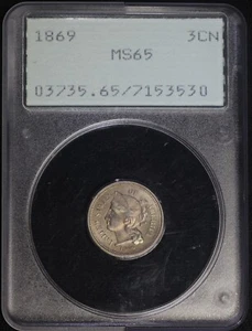 1869 3 Cent Nickel PCGS MS65 Gem BU Old Rattler Holder 3CN - Picture 1 of 2