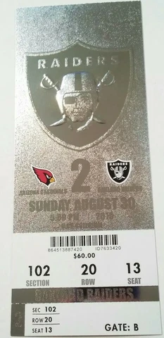 2015 Oakland Raiders Arizona Cardinals NFL Football Full Ticket Stub Cover