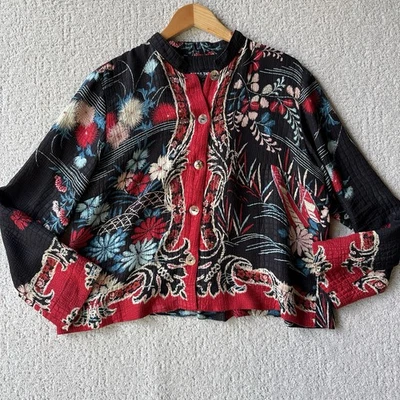 Citron Santa Monica Silk Button Front Top Women’s L Black Red Floral Boho $228 - Image 1 of 4