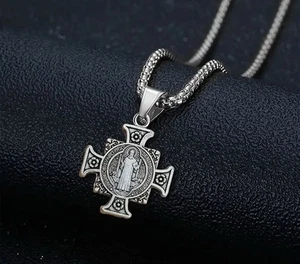 Heiliger Benedikt Halskette Edelstahl Talisman Medaille Anhänger christlicher Schmuck - Bild 1 von 8