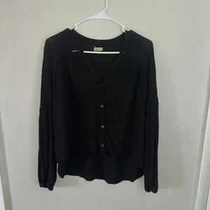 Hollister Button Up Blouse Womens Medium Black Puff Sleeve Lightweight - Picture 1 of 8