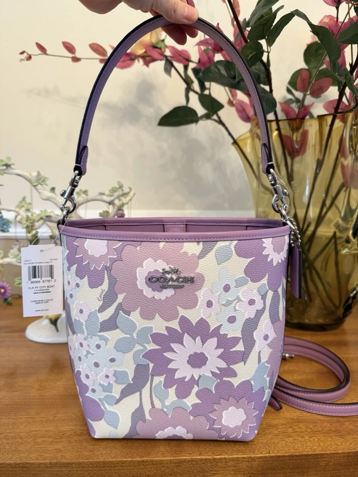 Coach CBG77 City Bucket Bag In Coated Canvas & Leather Floral Print Purple Multi