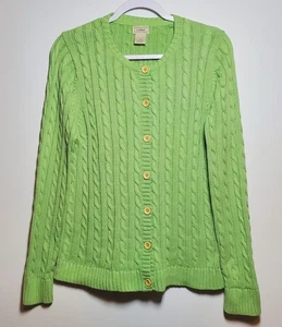 Suéter cárdigan tejido con cable de algodón verde lima LL Bean para mujer M 258842 *DEFECTUOSO - Imagen 1 de 14