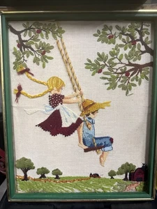 Vntg Summer Days Folk Art Embroidery Needlepoint Farm Boy/girl Tree Swing - Picture 1 of 12
