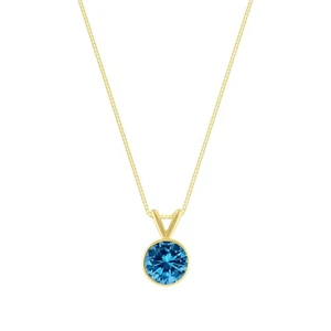 1/2 Ct Round Blue VS Lab Created Grown Diamond Bezel Necklace 14K Yellow Gold - Picture 1 of 3