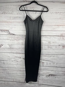 Popular 21 Dress Womens Medium Black Satin Maxi Slip Gown Spaghetti Strap Slit - Picture 1 of 9