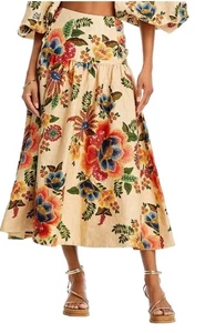 NWT $210 Farm Rio Womens Delicate Garden Linen Midi Skirt Garden Cream SZ XL - Picture 1 of 8