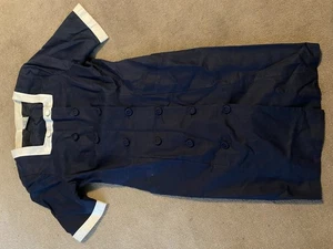 Vintage 90s Laura Ashley Women’s Navy&White Linen&Cotton lined dress - Size 12 - Picture 1 of 9
