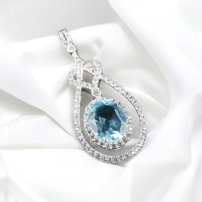 Sky Blue Topaz Cubic Zirconia Gemstone Pendant 1.73" Inch  , 925 Sterling Silver - Image 1 of 4