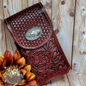 Horse Cowboy Belt Loop Phone Holster Brown Sz LARGE Genuine Leather Basketweav - Picture 1 of 9