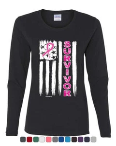 Survivor Pink Ribbon US Flag Women's Long Sleeve Tee Breast Cancer Awareness - Picture 1 of 7