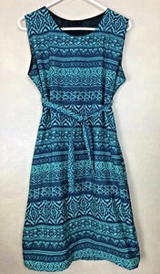 Teal and Navy Blue Belted Shift Dress Lightweight Polyester Tribal Print NO TAGS - Imagen 1 de 7