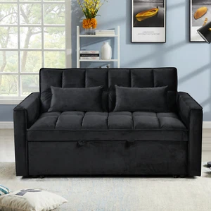 3 in 1 Convertible Velvet Futon Loveseat Sleeper Sofa Bed w/ Pillows & Pockets - Picture 1 of 8