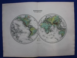 Original antique map WORLD in HEMISPHERES, ELEVATION ABOVE SEA, Migeon, 1891 - Picture 1 of 4