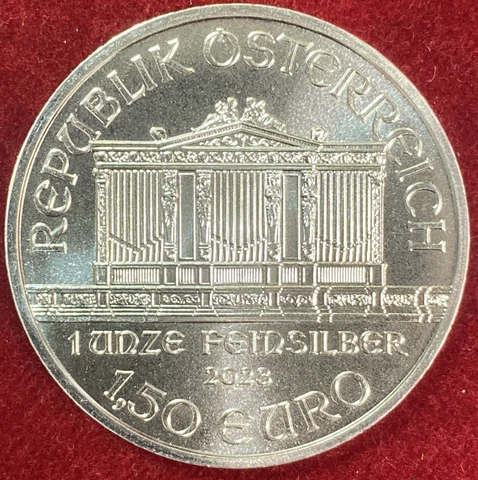 2023 Austrian Philharmonic One Ounce Silver Coin 1.50 Euros.  .999 Pure Cover