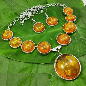BALTIC AMBER GEMSTONE 925 STERLING SILVER OVERLAY NECKLACE WITH EARRING SJNK1059