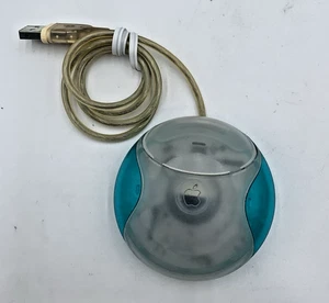 Apple M4848 Vintage iMac USB Mouse Hockey Puck Wired Blue/Teal Excellent - Picture 1 of 7