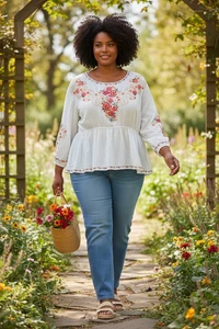 Savanna Jane Top Damen 2X Weiß Bestickt Cinch Taille Langarm Bauer - Bild 1 von 5