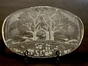 1980s Serving Platter Oval 16.5"x11" Nova Sun Valley  Round Etched Glass Trees - Picture 1 of 10