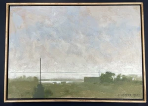 Jim Hopper Acrylic on Canvas Painting Bridge Gray Storm Clouds Framed 15x21” - Picture 1 of 13