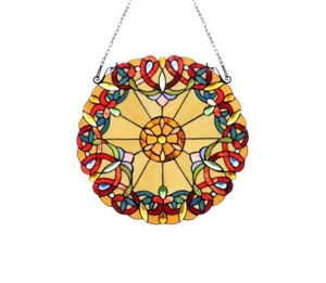 Window Panel 20" Round Tiffany Style Stained Glass Suncatcher Victorian Design - Picture 1 of 5