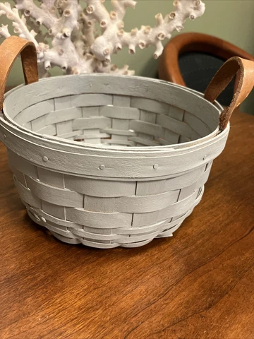 Vintage Longaberger Round Basket W/Leather Handles 1992 Painted Gray-6.5”x3.25” Cover