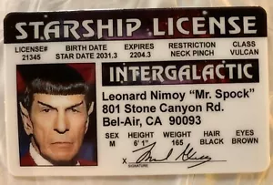 Mr Spock Star Trek Starship License Enterprise Novelty ID Leonard Nimoy Vulcan - Picture 1 of 1