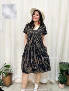 Women Short Dress Thai Handmade Tie dyed Multi Color Round Neck Short Sleeves - Picture 1 of 50