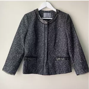 Classiques Entier Black & Gray Tweed Sequenced NeckLine Jacket - M - Picture 1 of 11