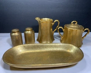 Antique Wheeling Ransom 22k Embossed Sugar Bowl Creamer Plate Salt Pepper c1915 - Picture 1 of 12