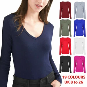 T-shirt donna scollo V manica lunga tinta unita slim fit basic top elasticizzato prezzo - Foto 1 di 30