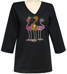PLUS Top Rhinestone Tropical Party Beach Glamorous Flamingos Short or 3/4 Sleeve - Picture 1 of 8