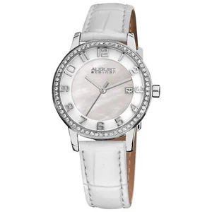 Women's August Steiner AS8056WT Quartz Movement Crystal Bezel Date Leather Watch - Picture 1 of 4
