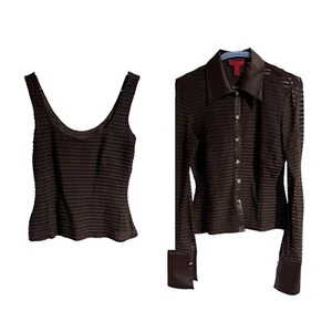 JS COLLECTION Women 10 Brown Long Sleeve Sheer Blouse w/ Satin Trim Ribbed 2 Pc - Picture 1 of 11