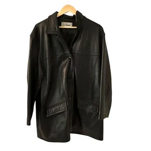 L.L. Bean Women's Soft Black Leather Button Up Long Jacket Pockets Size XL - Picture 1 of 7