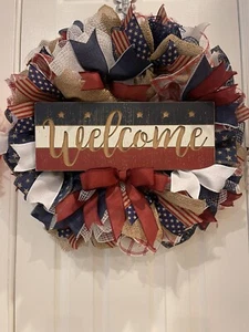 Patriotic WREATH “WELCOME” Red, White and Blue wreath 24” Memorial Day July 4th - Picture 1 of 9