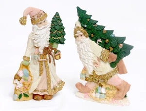 Christmas Pair Santas Cream Coat Pink Accent Carrying Trees Bag Toys Resin As Is - Picture 1 of 3