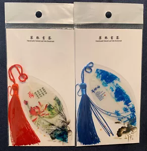 Chinese Style Bookmarks Handmade Natural Leaf Vein Tassel Blue Red Floral Pair 2 - Foto 1 di 4