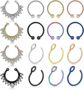 Fake Nose Rings Hoop 12-16pcs Stainless Steel Faux Fake Lip Ear Nose Septum Ring - Picture 1 of 2