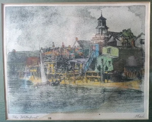 Grabado a color Albert Edel "The Waterfront" titulado a mano y firmado (tal cual) - Imagen 1 de 16